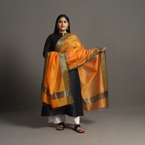 Orange Handloom Silk Cotton Zari Border Maheshwari Dupatta