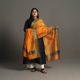Orange Handloom Silk Cotton Zari Border Maheshwari Dupatta