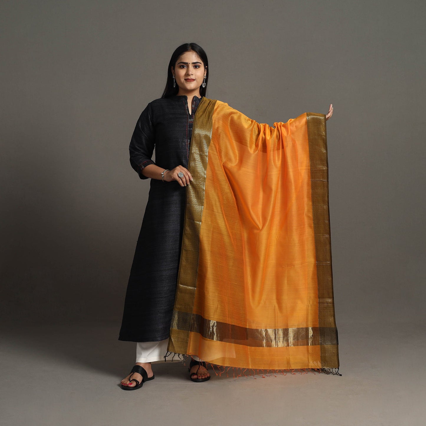 Orange Handloom Silk Cotton Zari Border Maheshwari Dupatta