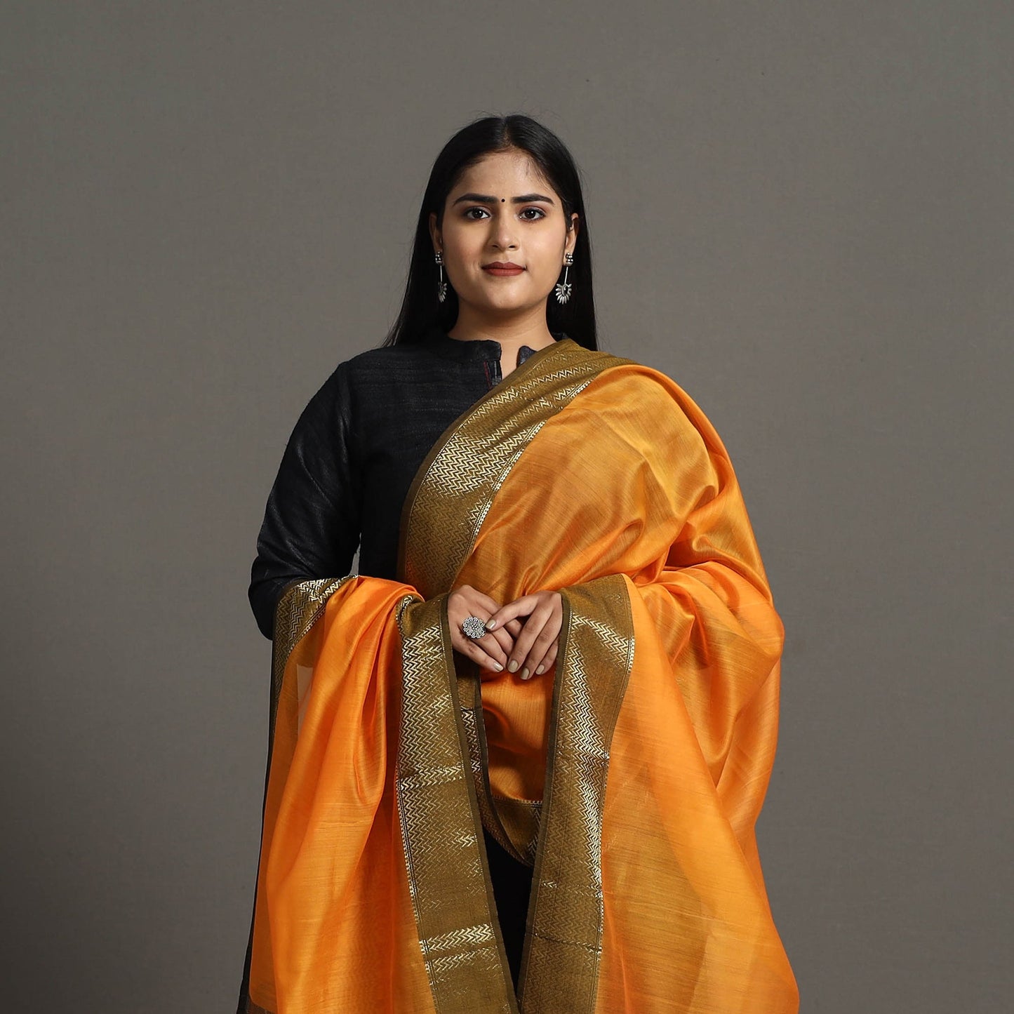 Orange Handloom Silk Cotton Zari Border Maheshwari Dupatta
