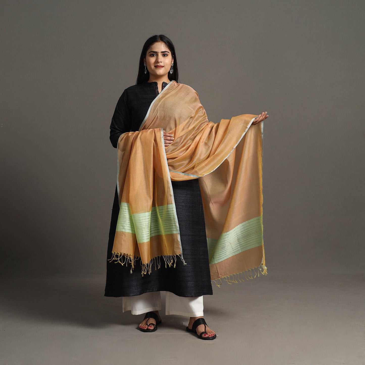 Orange - handloom silk cotton zari border maheshwari
