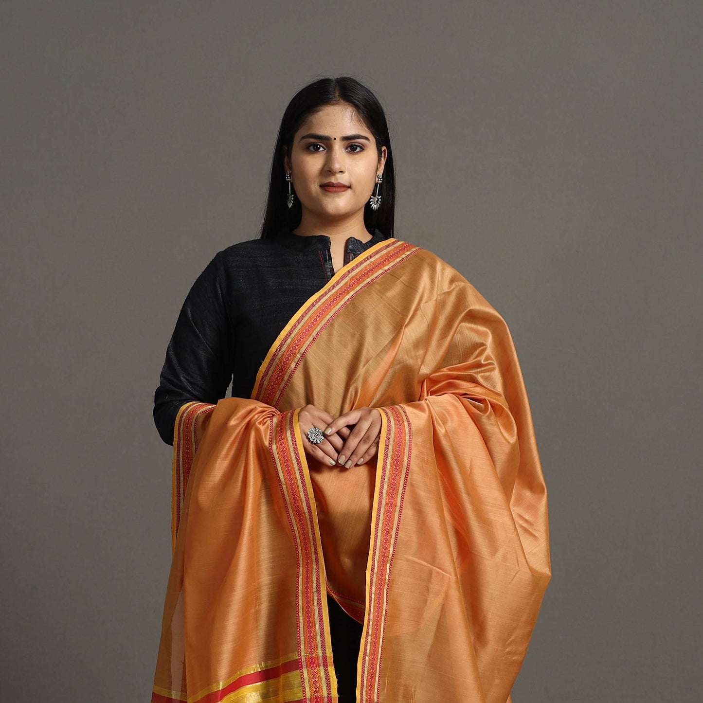 Orange - handloom silk cotton zari border maheshwari