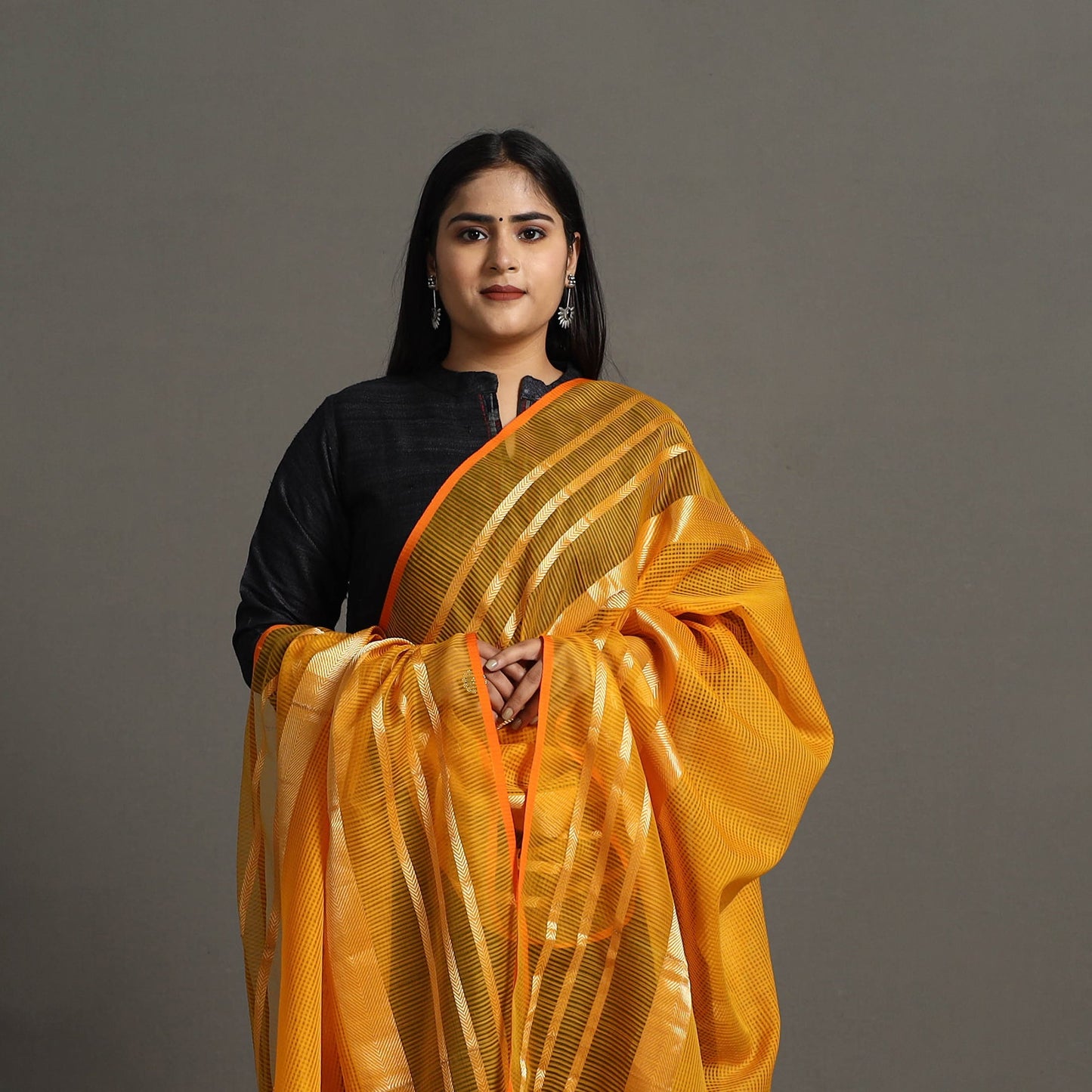 Orange - handloom silk cotton zari work maheshwari dupatta