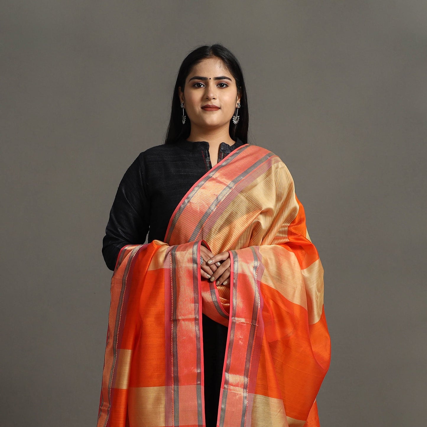 Orange - handloom silk cotton zari work maheshwari dupatta