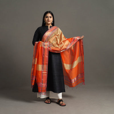 Orange - handloom silk cotton zari work maheshwari dupatta