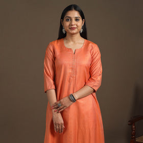 Orange Handloom Tussar Silk Cotton A-Line Plain Kurta