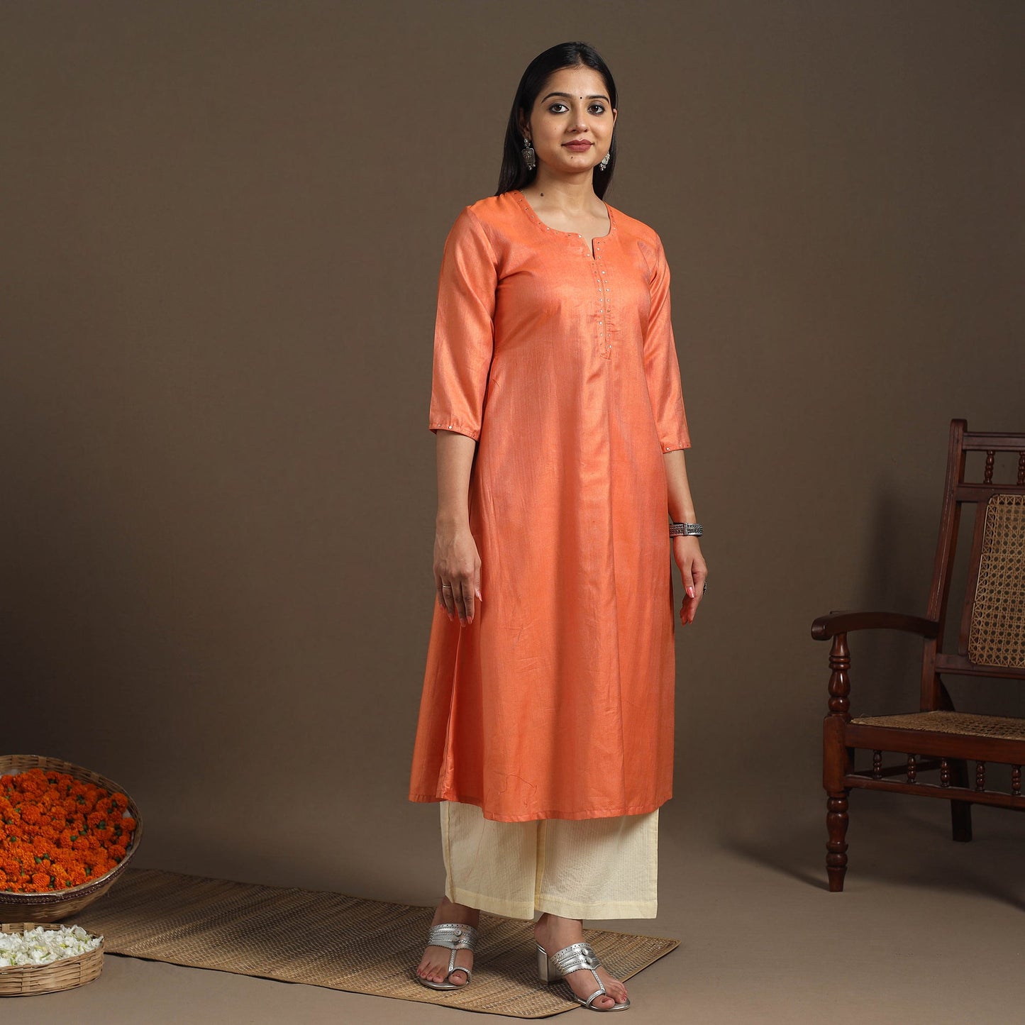 Orange Handloom Tussar Silk Cotton A-Line Plain Kurta