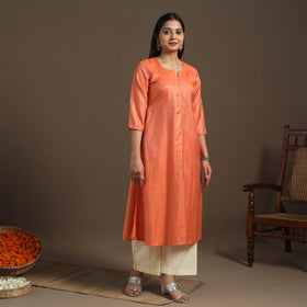 Orange Handloom Tussar Silk Cotton A-Line Plain Kurta