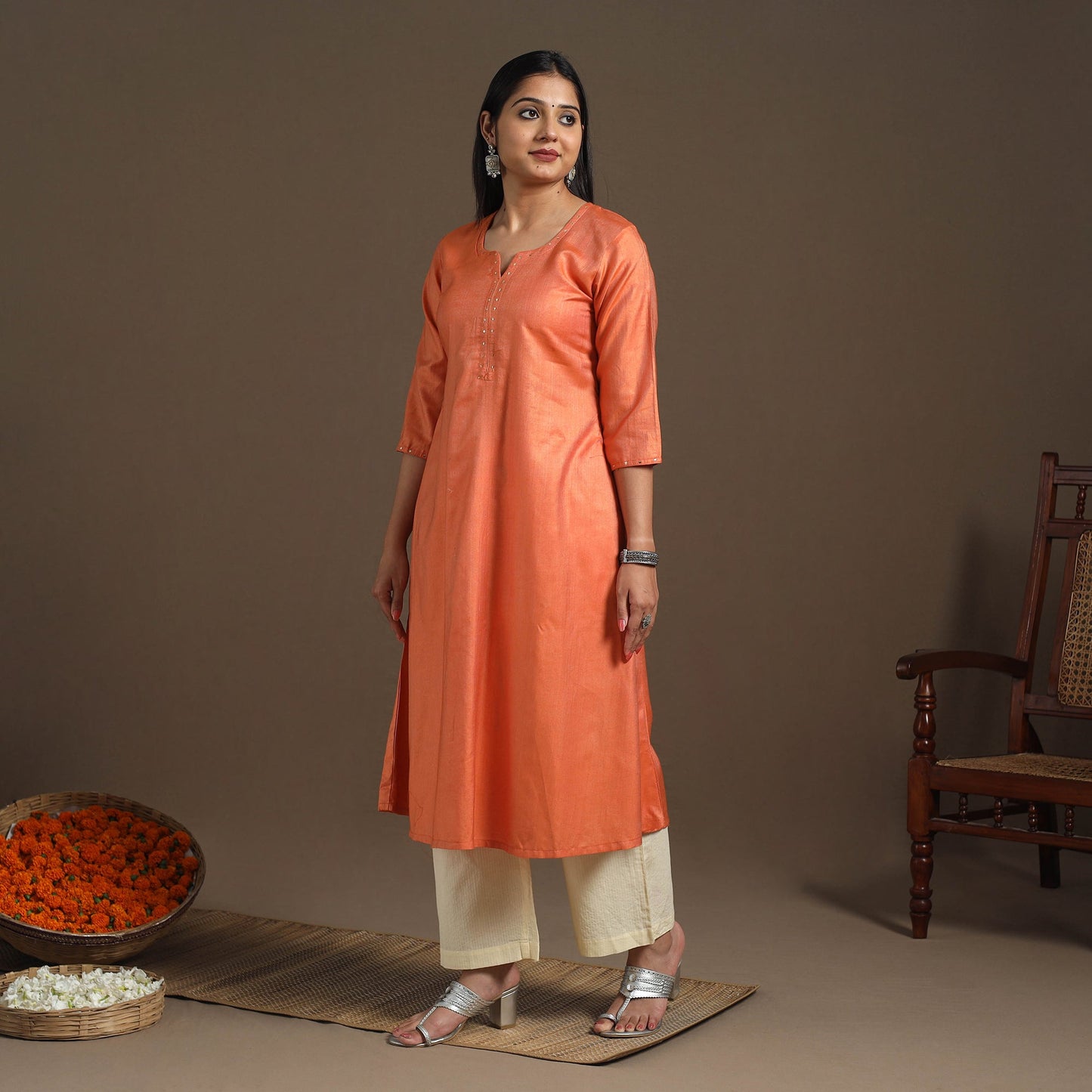 Orange Handloom Tussar Silk Cotton A-Line Plain Kurta