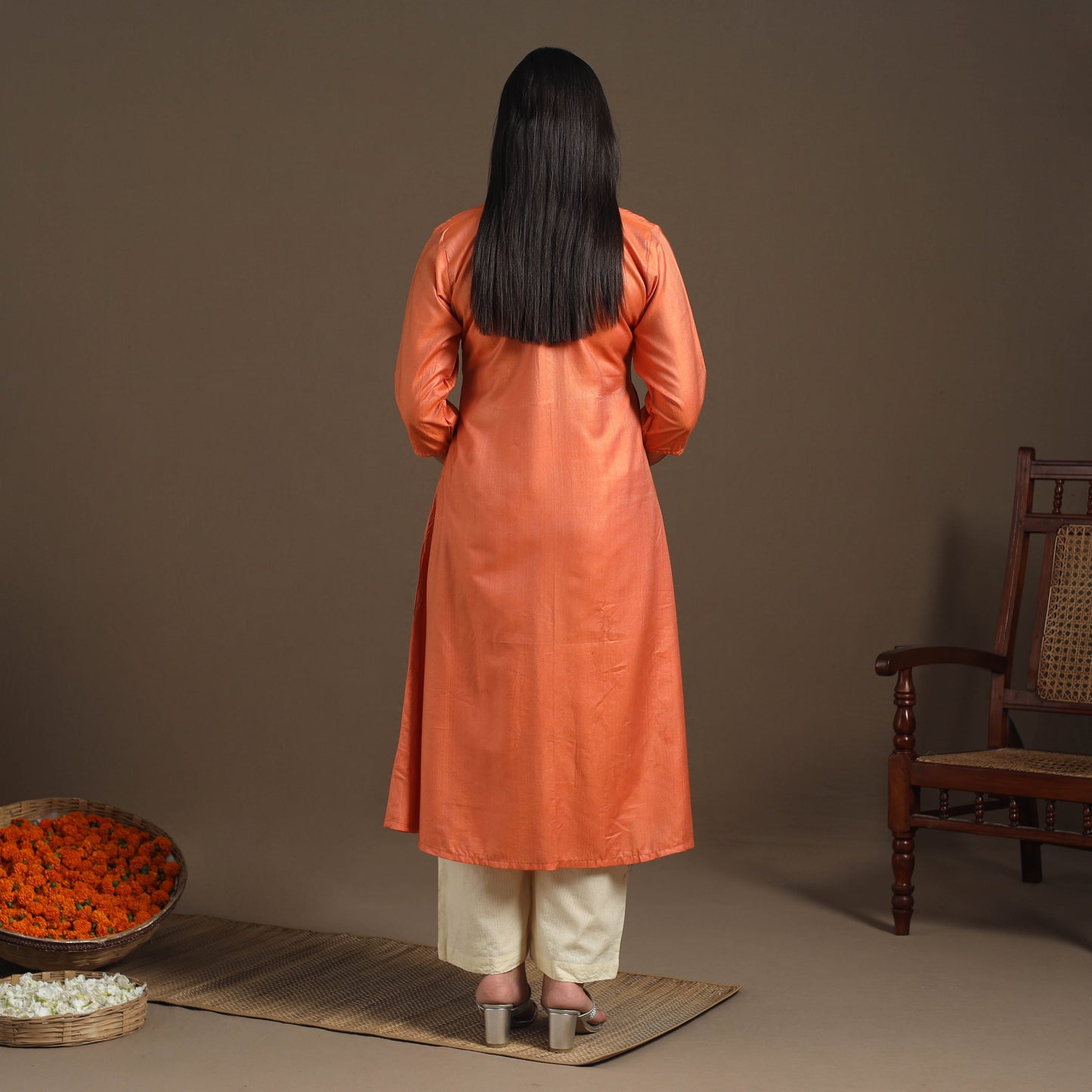 Orange Handloom Tussar Silk Cotton A-Line Plain Kurta