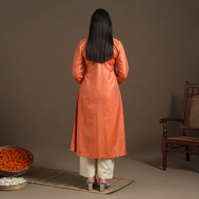 Orange Handloom Tussar Silk Cotton A-Line Plain Kurta