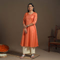 Orange Handloom Tussar Silk Cotton A-Line Plain Kurta