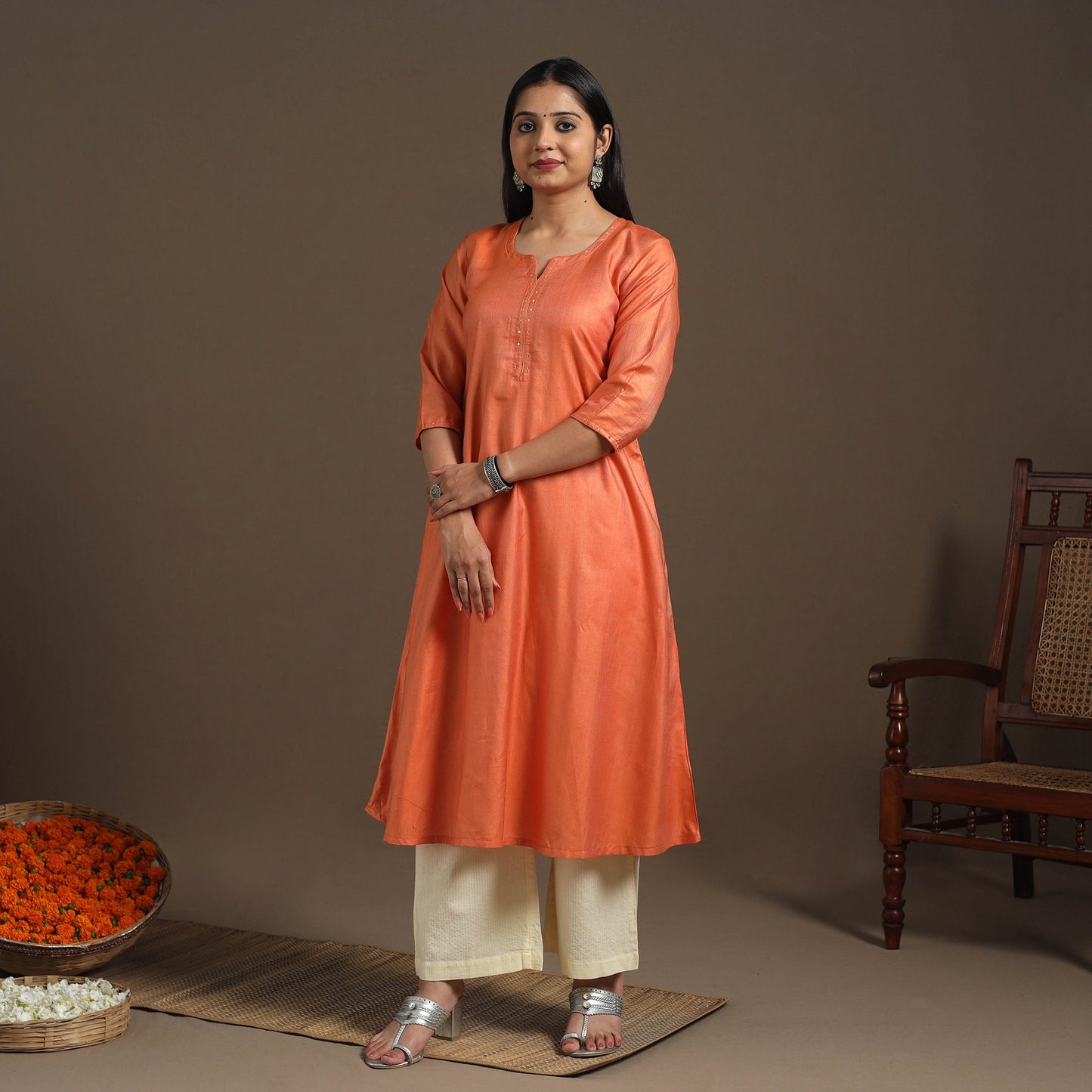 Orange Handloom Tussar Silk Cotton A-Line Plain Kurta