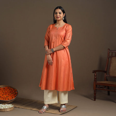 Orange Handloom Tussar Silk Cotton A-Line Plain Kurta