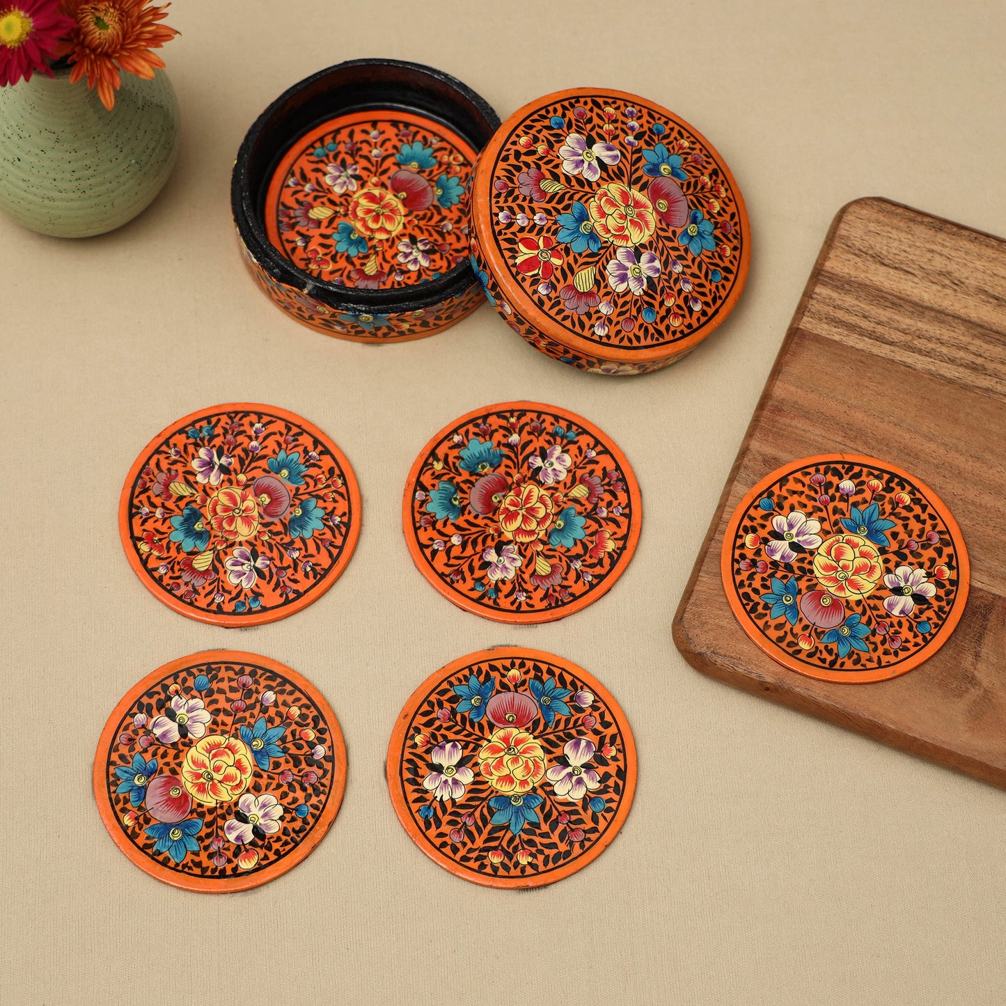 Orange - handpainted paper mache coaster with box (set