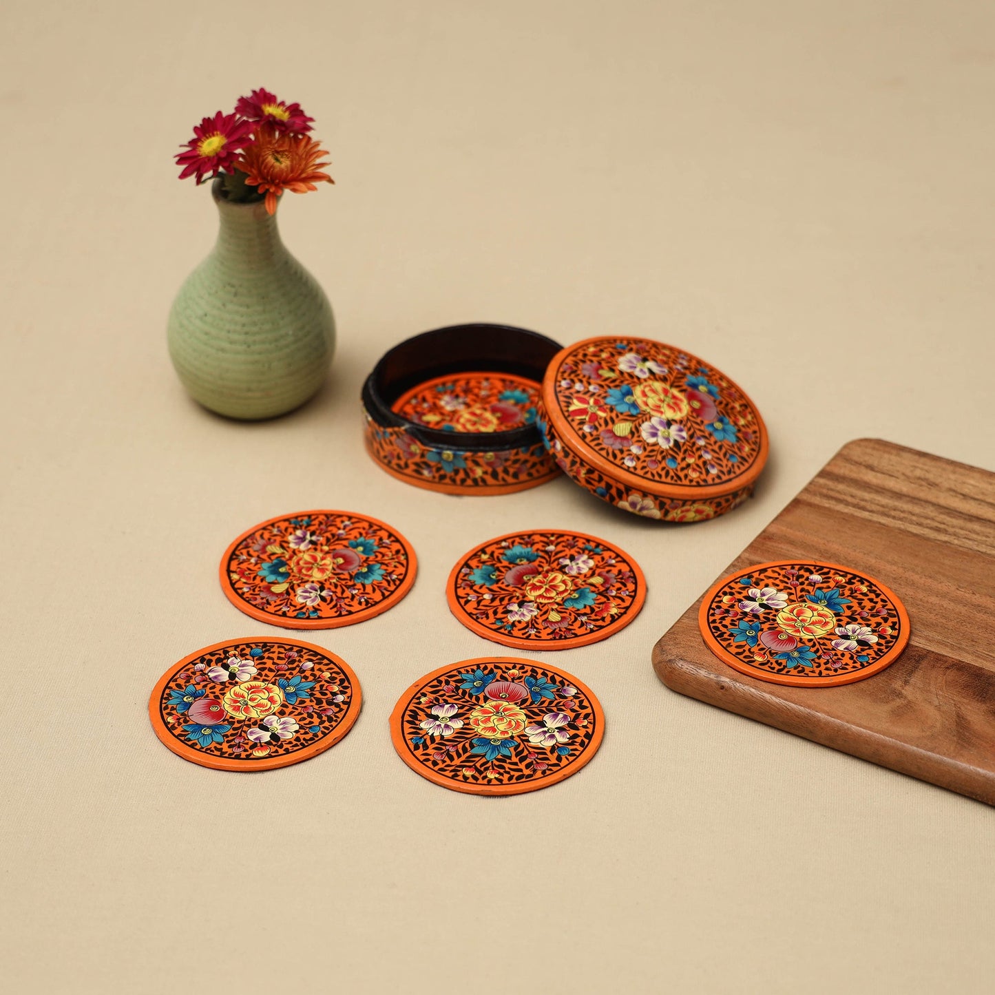 Orange - handpainted paper mache coaster with box (set