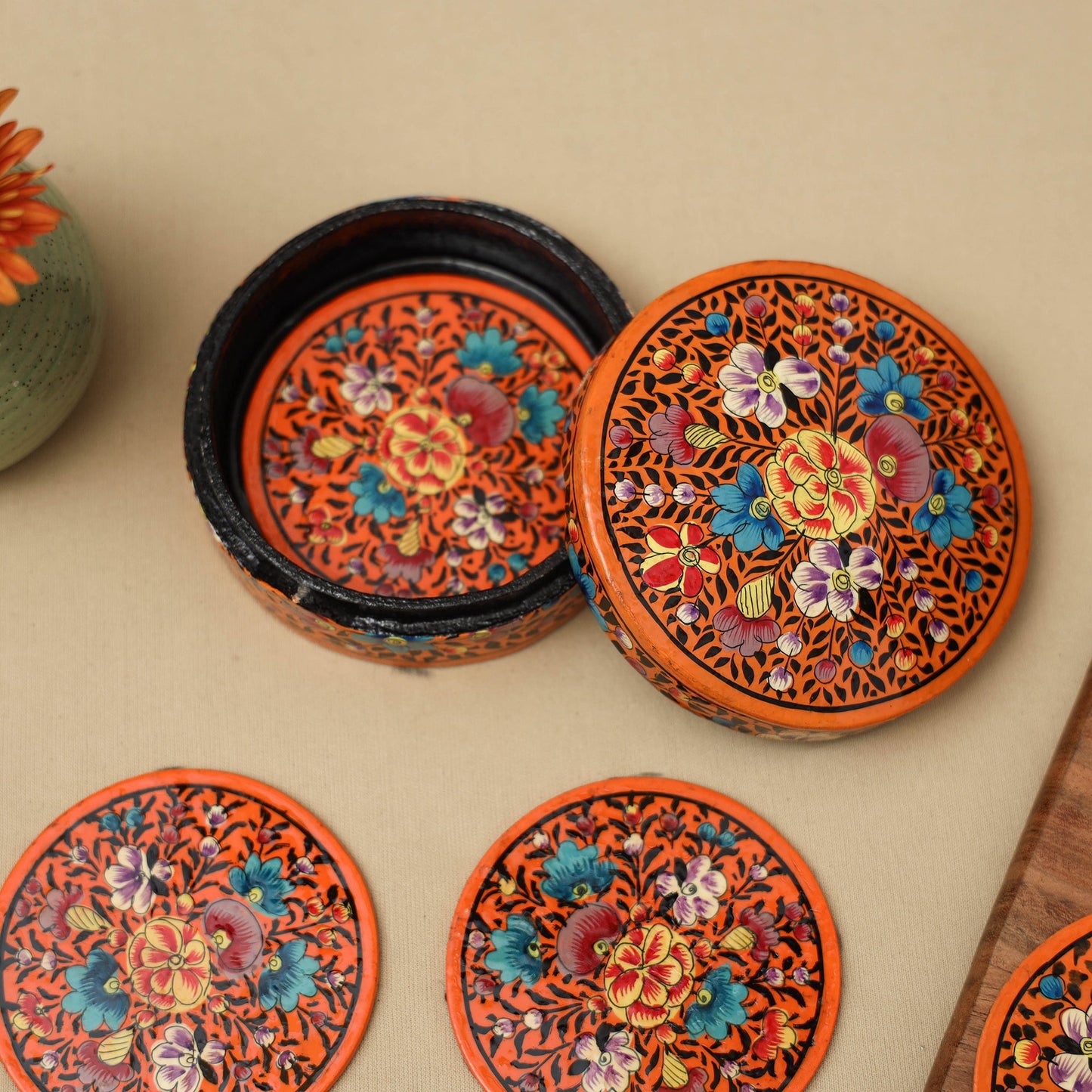 Orange - handpainted paper mache coaster with box (set