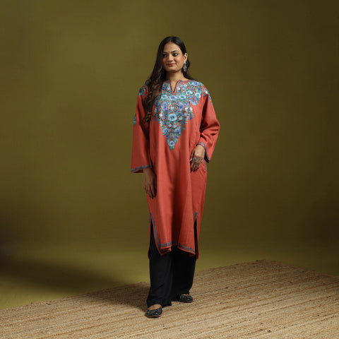 Orange - handwoven aari embroidered kashmiri merino wool