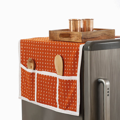 Orange Jacquard Cotton Fridge Top Cover with Multiple Pockets 