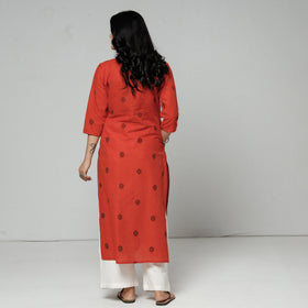 Orange jacquard cotton long kurta - handcrafted