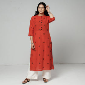 Orange jacquard cotton long kurta - handcrafted