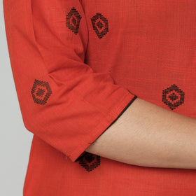 Orange jacquard cotton long kurta - handcrafted