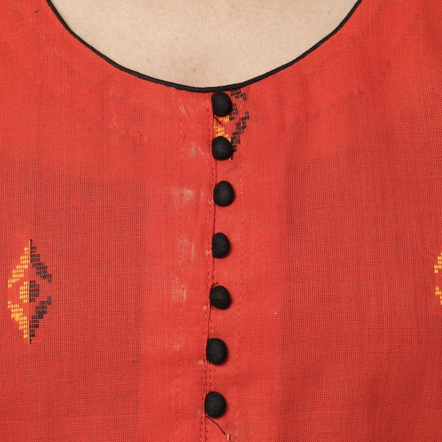 Orange jacquard cotton long kurti - handcrafted
