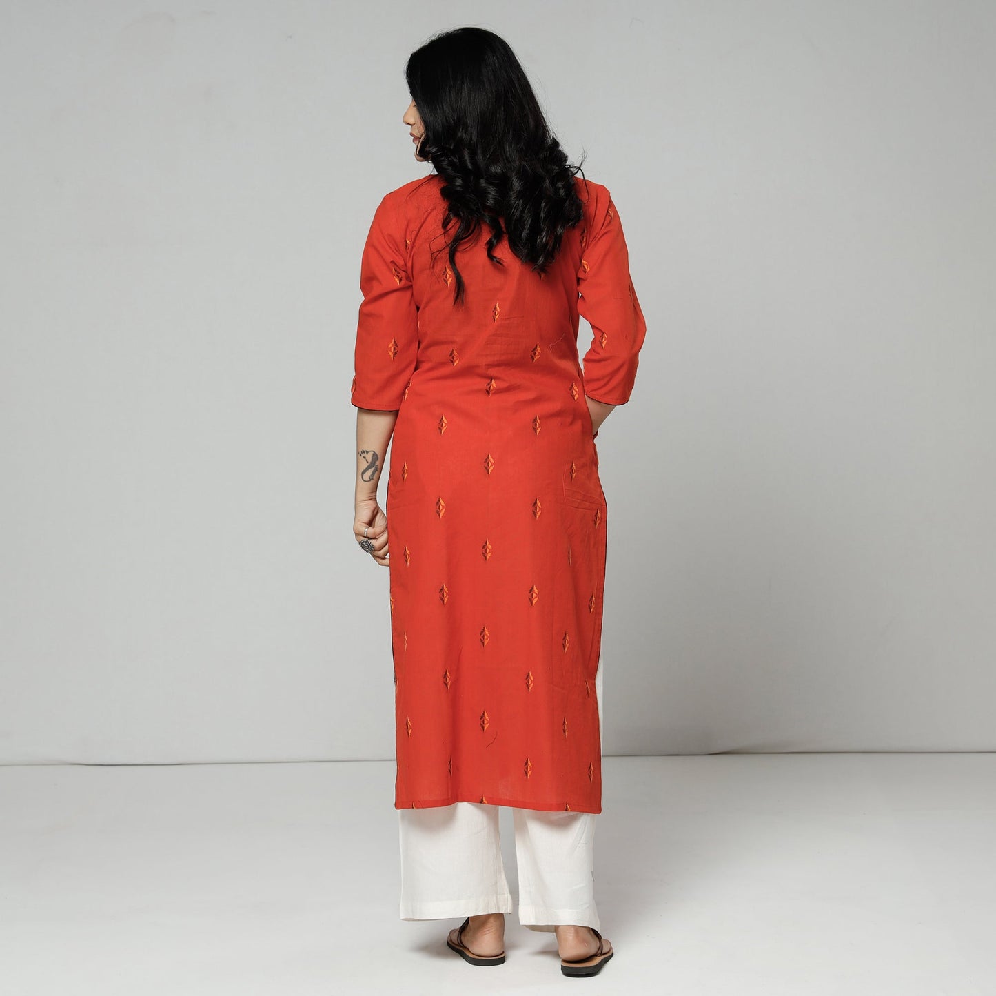 Orange jacquard cotton long kurti - handcrafted