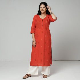 Orange jacquard cotton long kurti - handcrafted