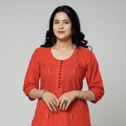 Orange jacquard cotton long kurti - handcrafted
