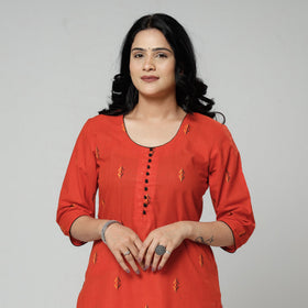 Orange jacquard cotton long kurti - handcrafted