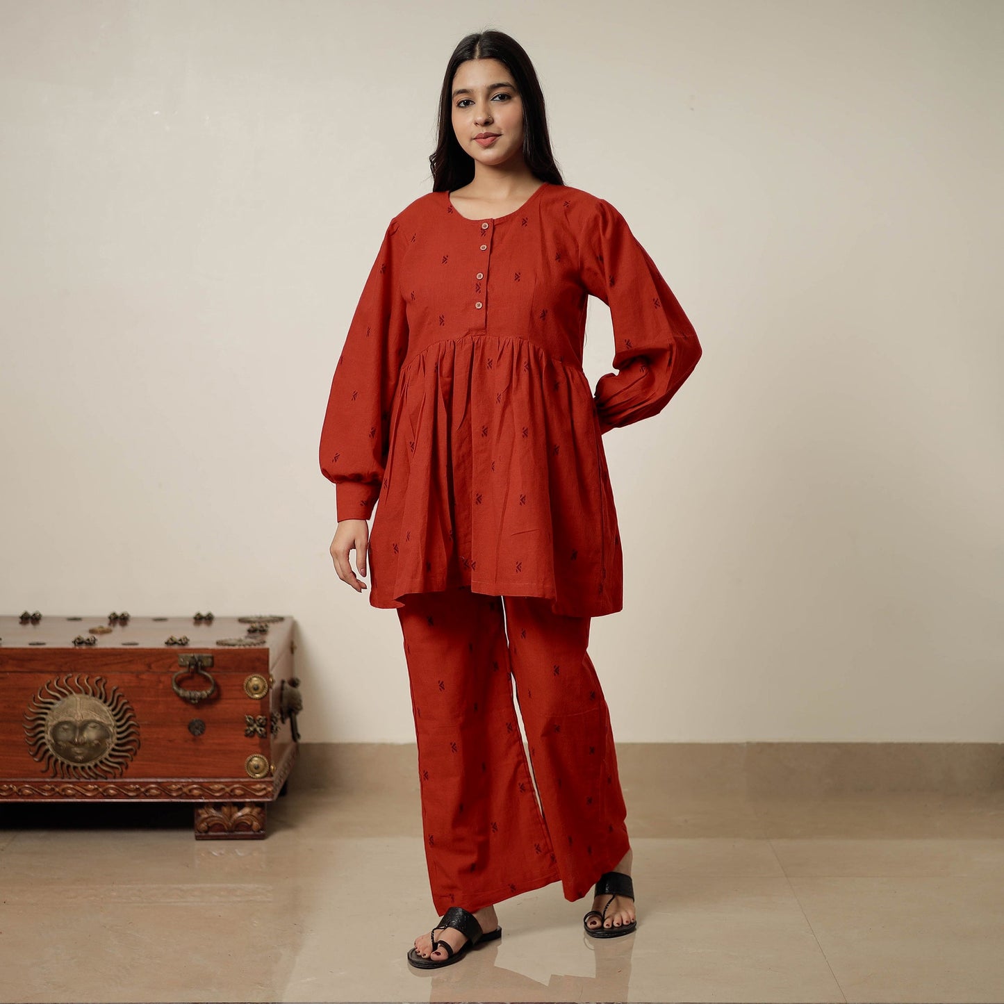 Orange - jacquard cotton co-ord set 09 - handcrafted