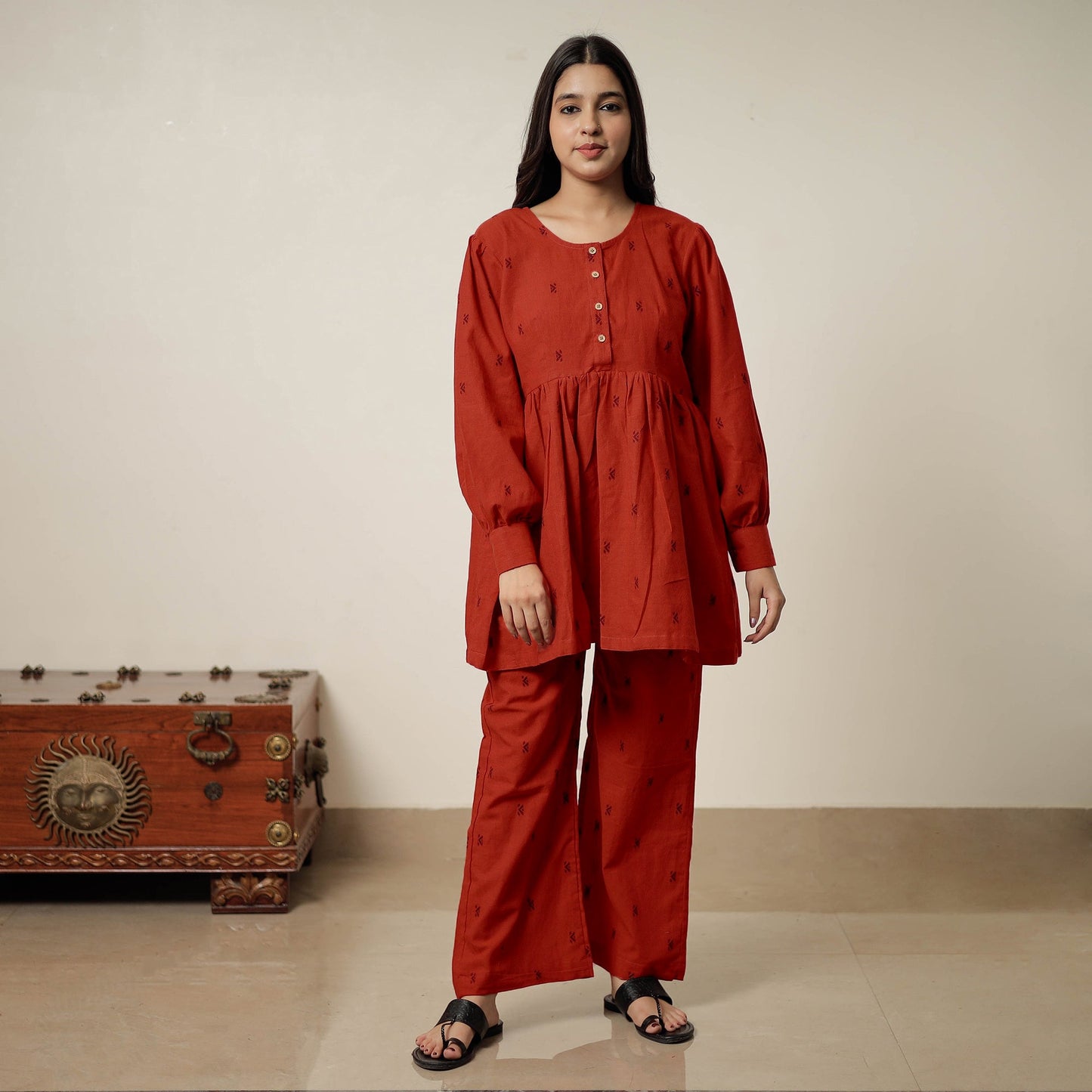 Orange - jacquard cotton co-ord set 09 - handcrafted