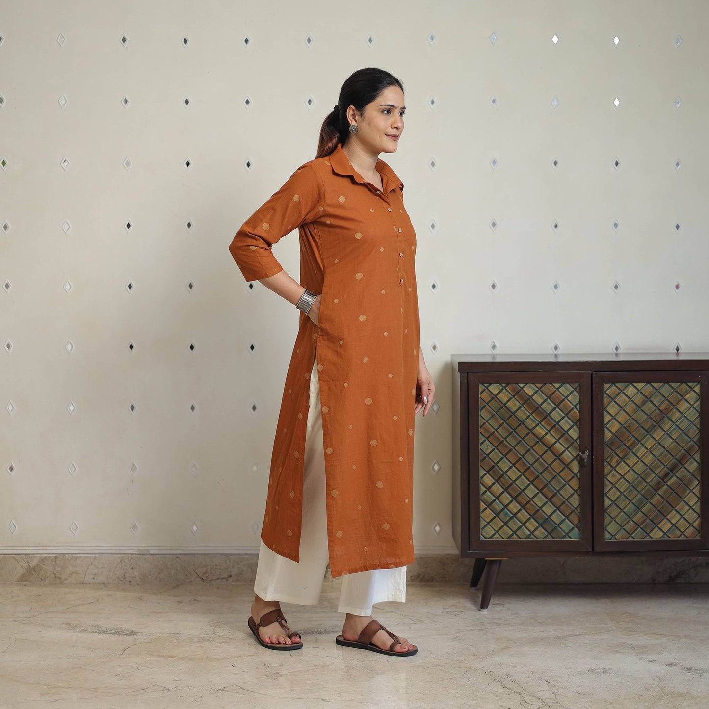 Orange - jacquard cotton straight kurta 07 - handcrafted