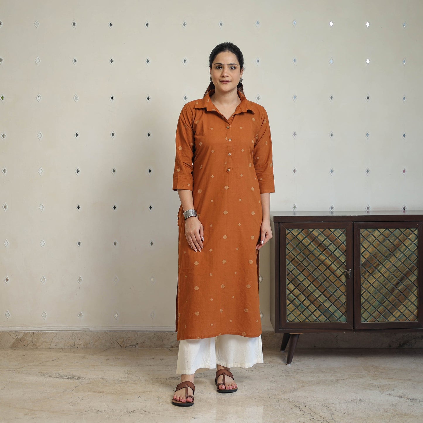 Orange - jacquard cotton straight kurta 07 - handcrafted