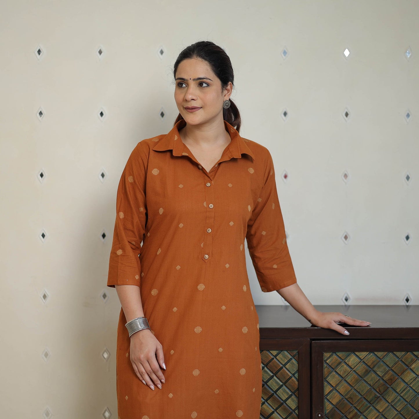 Orange - jacquard cotton straight kurta 07 - handcrafted