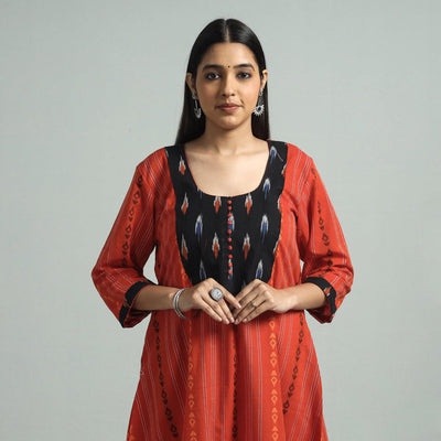 Buy Jacquard Weave Cotton Kurta with Ikat Patchwork Online at iTokri.com