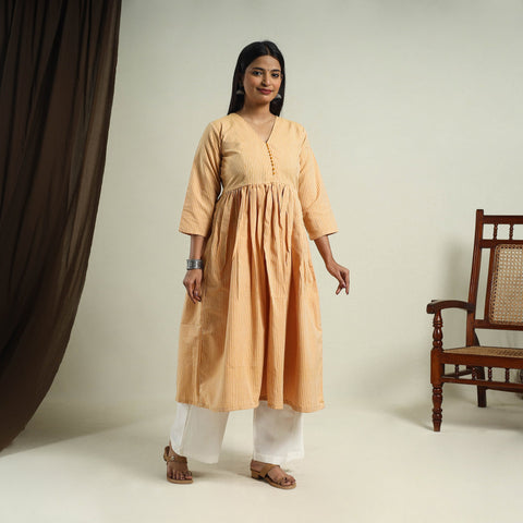  Orange Jhiri Handloom Flared Cotton Kurta for Women