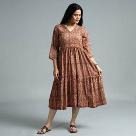 Orange - kalamkari block printed mul cotton flared gher