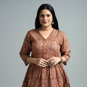 Orange - kalamkari block printed mul cotton flared gher