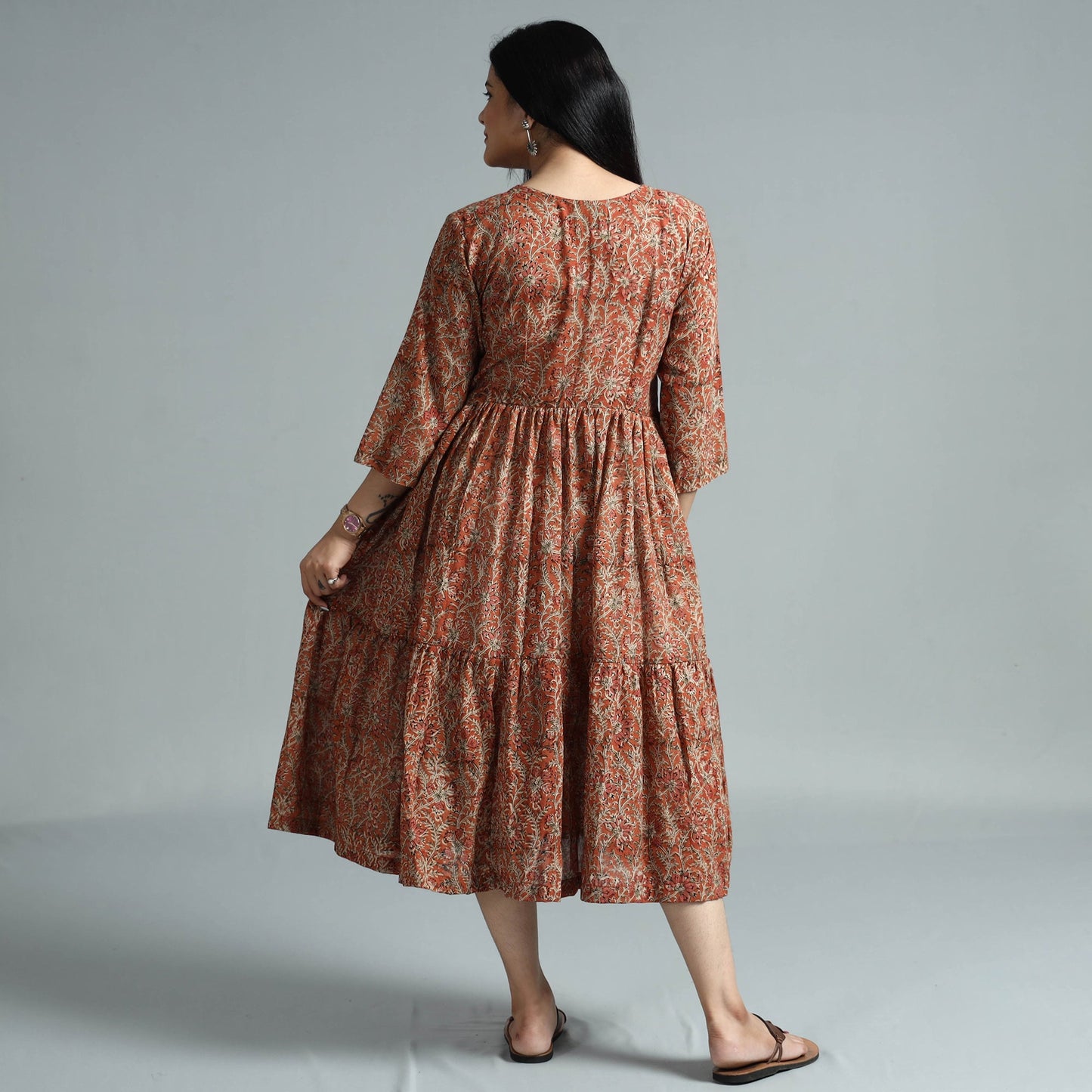 Orange - kalamkari block printed mul cotton flared gher