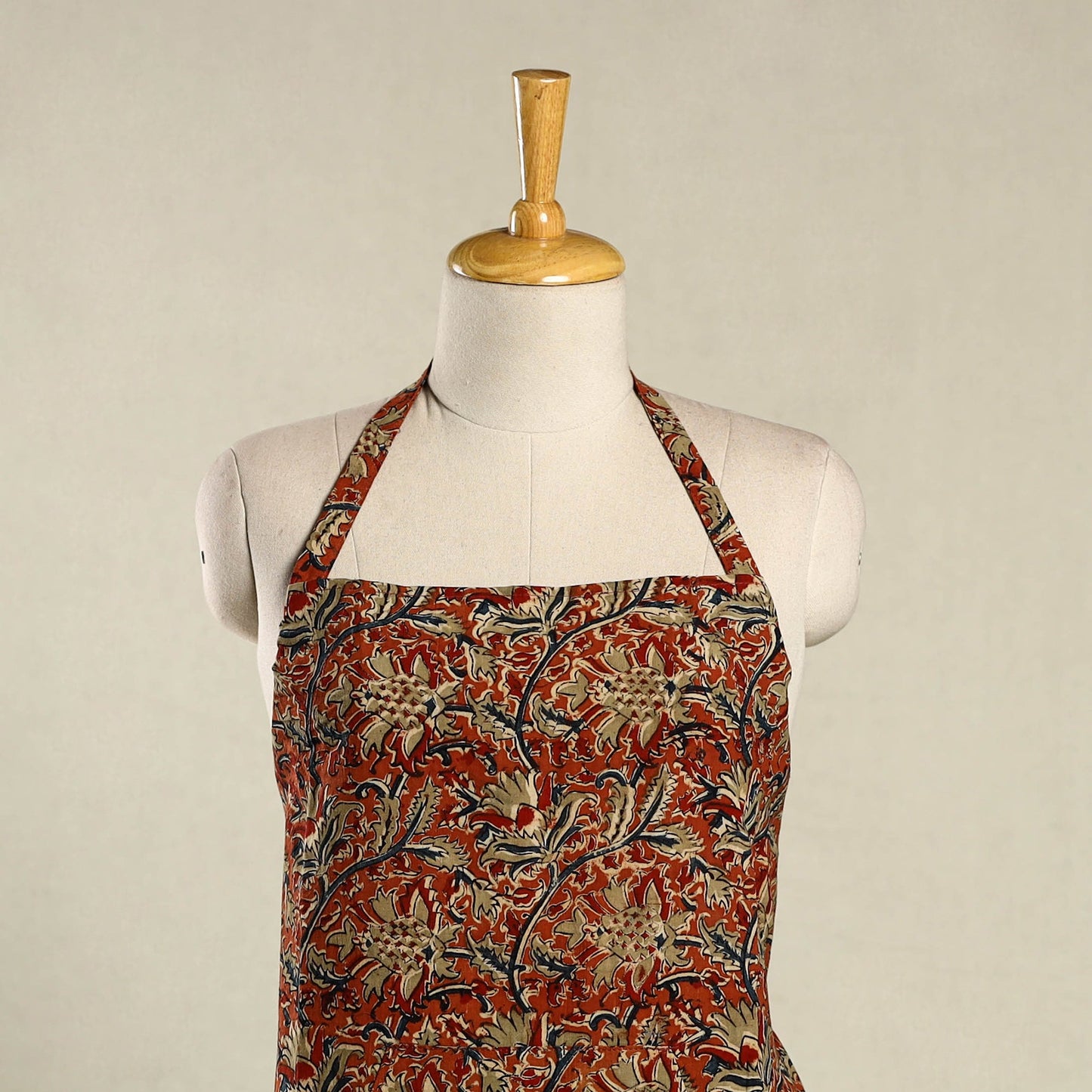 Orange Kalamkari Block Print Cotton Apron with Pocket
