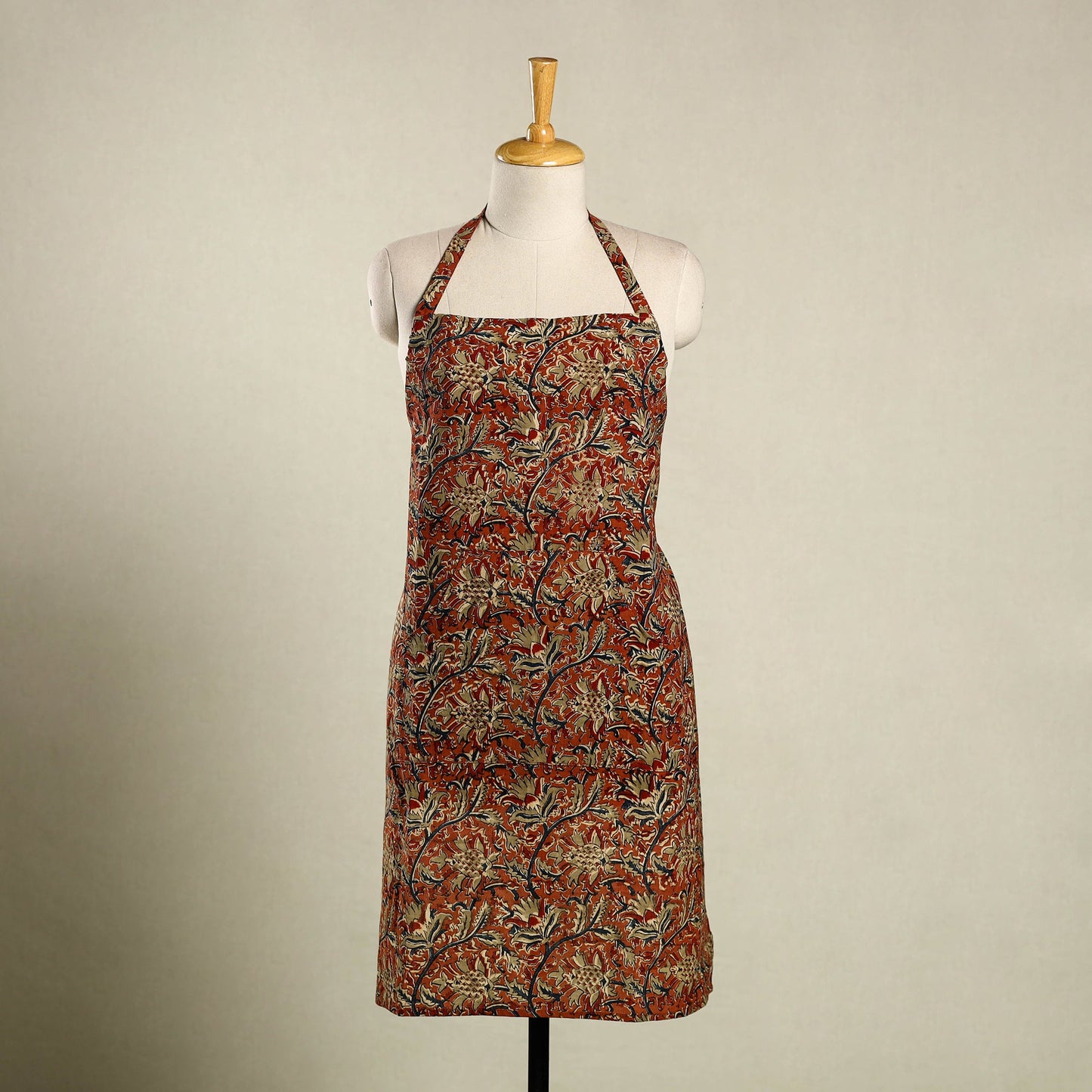 Orange Kalamkari Block Print Cotton Apron with Pocket