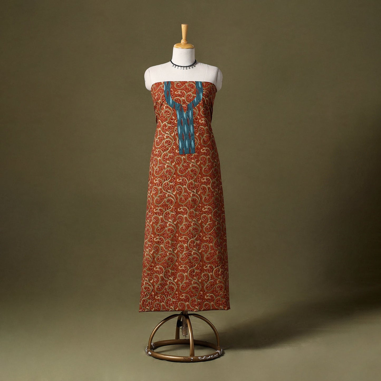 Orange Kalamkari Print Cotton Unstitched Kurta Material