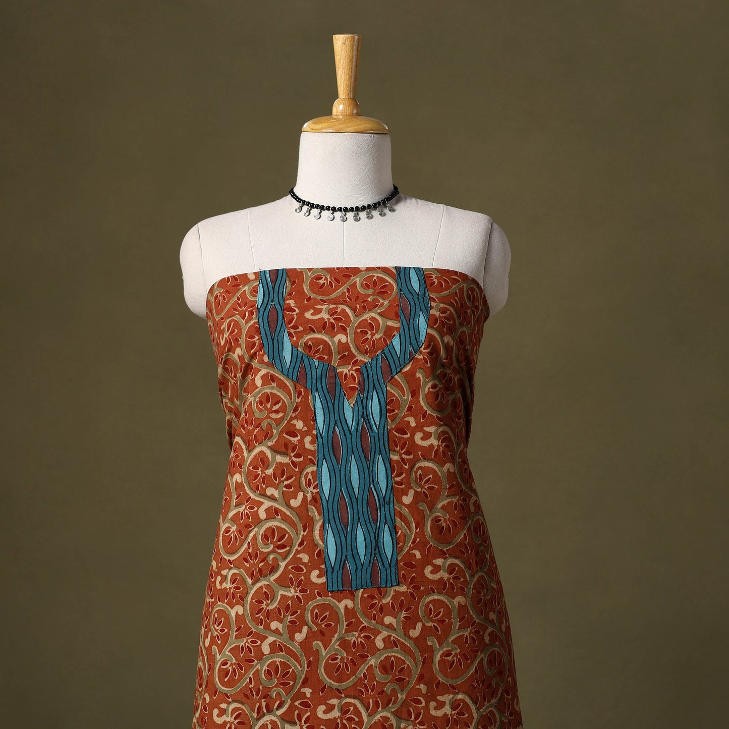 Orange Kalamkari Print Cotton Unstitched Kurta Material