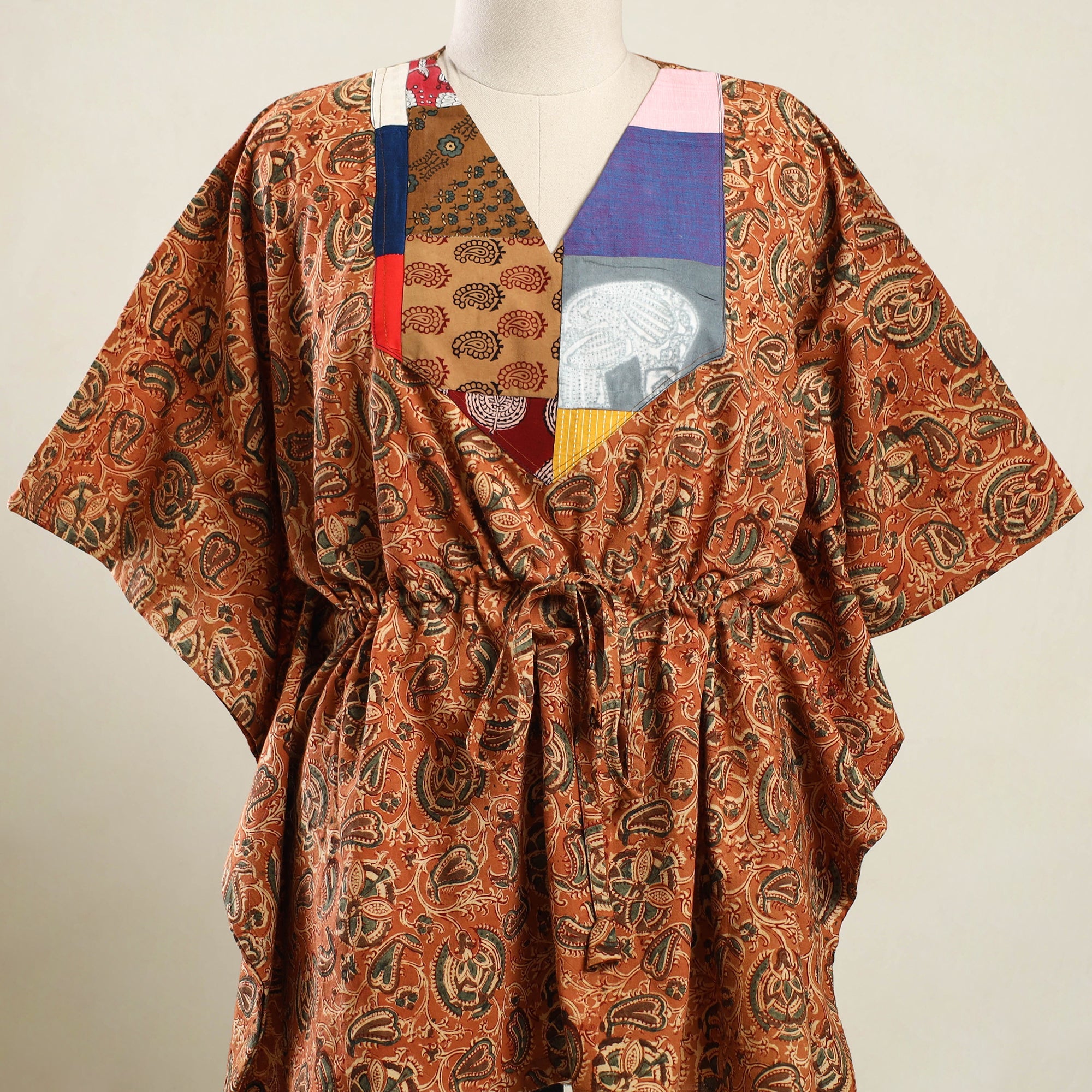 Buy Orange Kalamkari Block Print Patchwork Cotton Kaftan