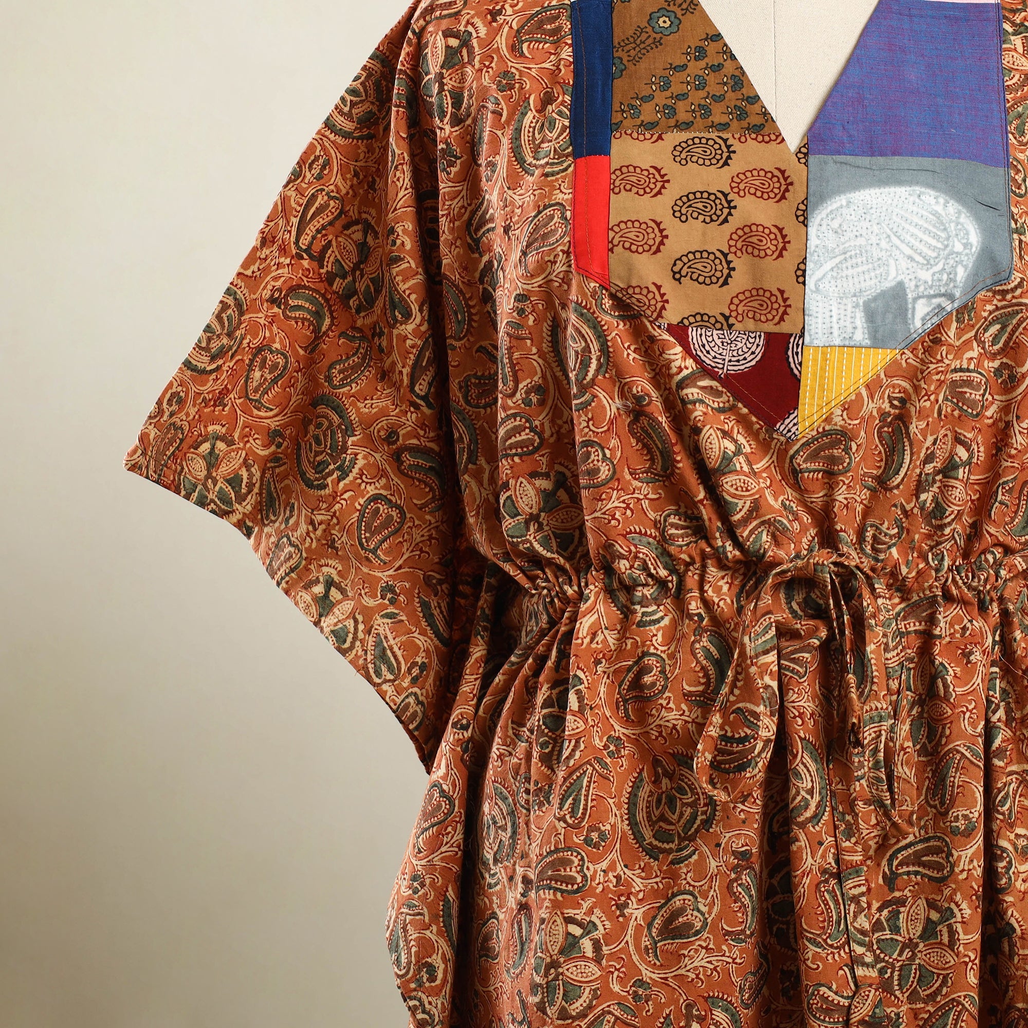 Buy Orange Kalamkari Block Print Patchwork Cotton Kaftan