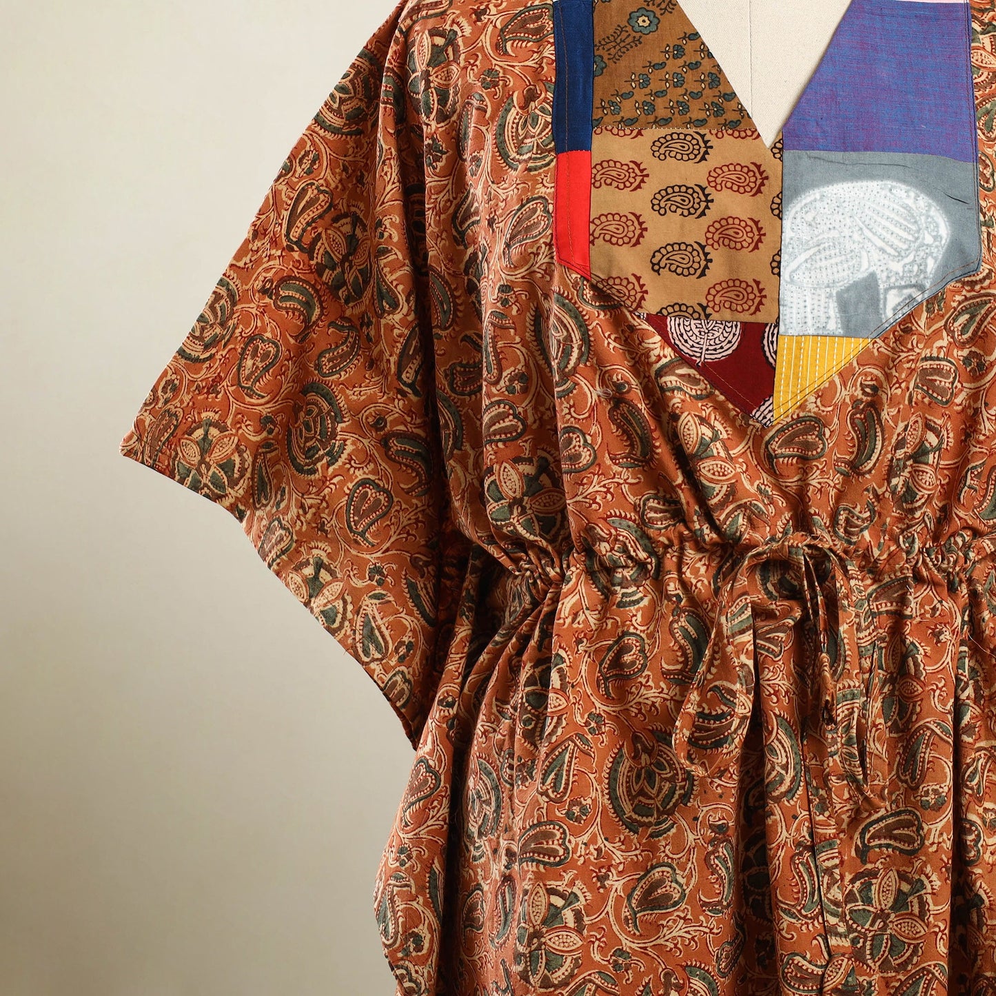 Buy Orange Kalamkari Block Print Patchwork Cotton Kaftan