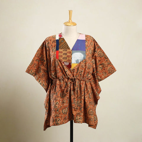 Buy Orange Kalamkari Block Print Patchwork Cotton Kaftan