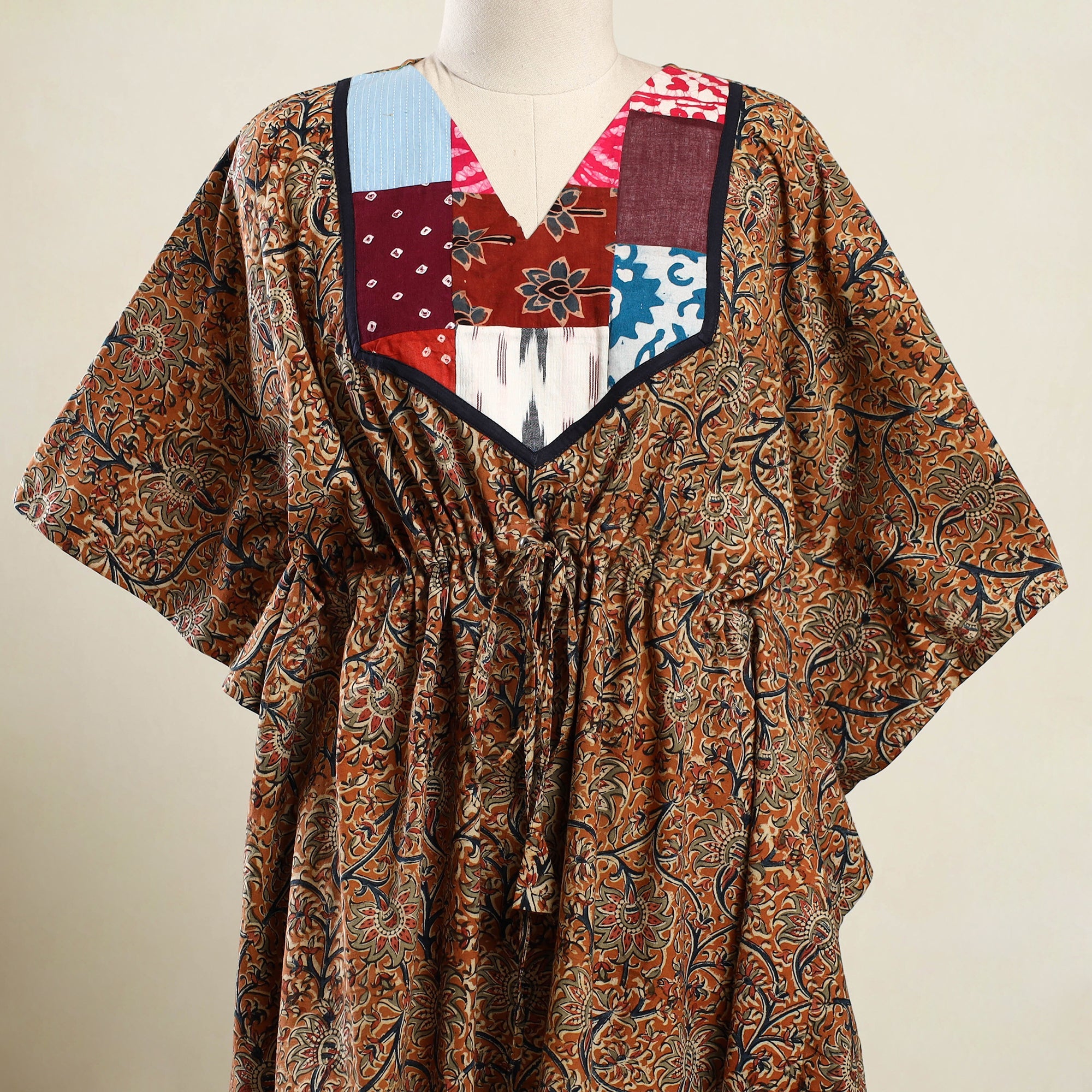 Buy Orange Kalamkari Block Print Patchwork Cotton Kaftan